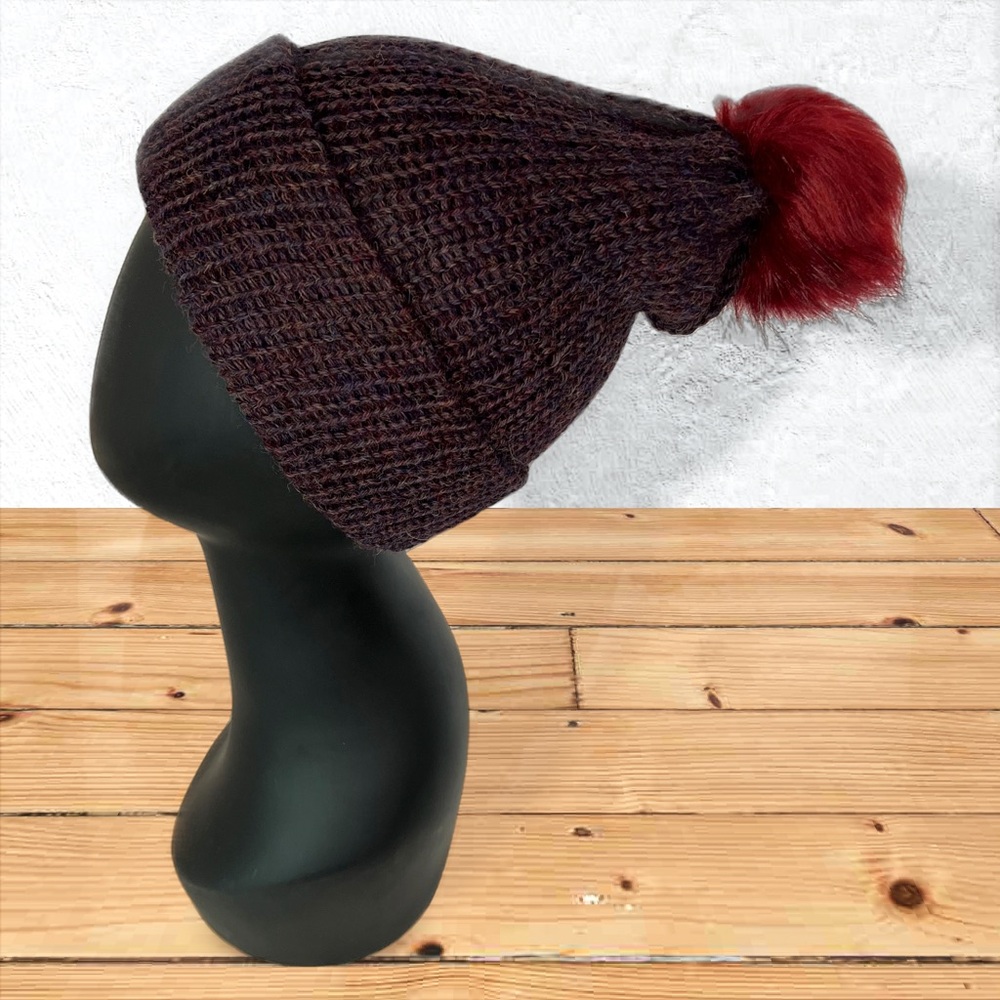Handmade 100% Alpaca Knit Slouch Hat Beanie Borealis Blue Faux Rabbit Pom Pom - Picture 8 of 11